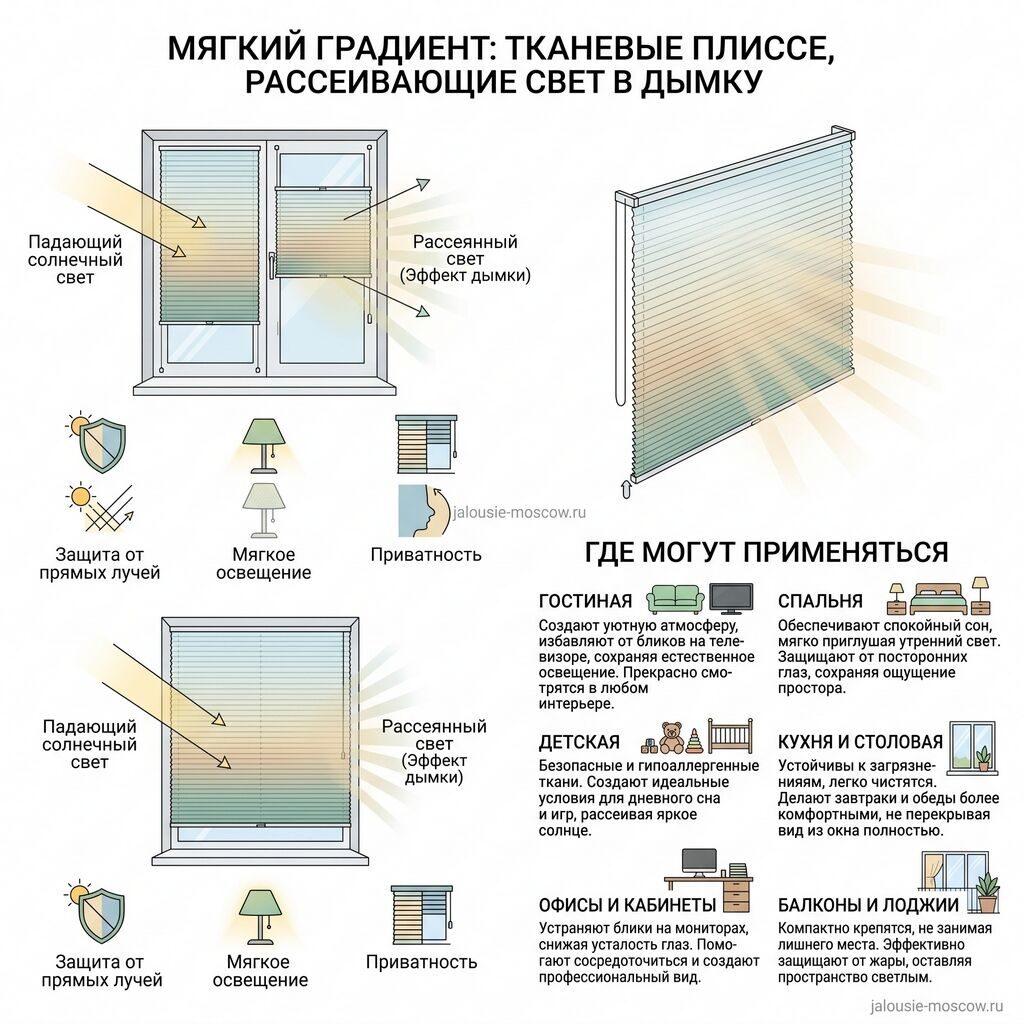 Мягкий градиент: Тканевые плиссе, рассеивающие свет в дымку