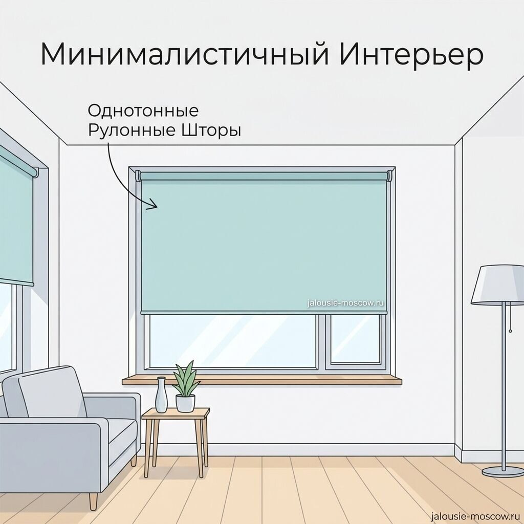 Однотонные рулонные шторы в минималистичном интерьере