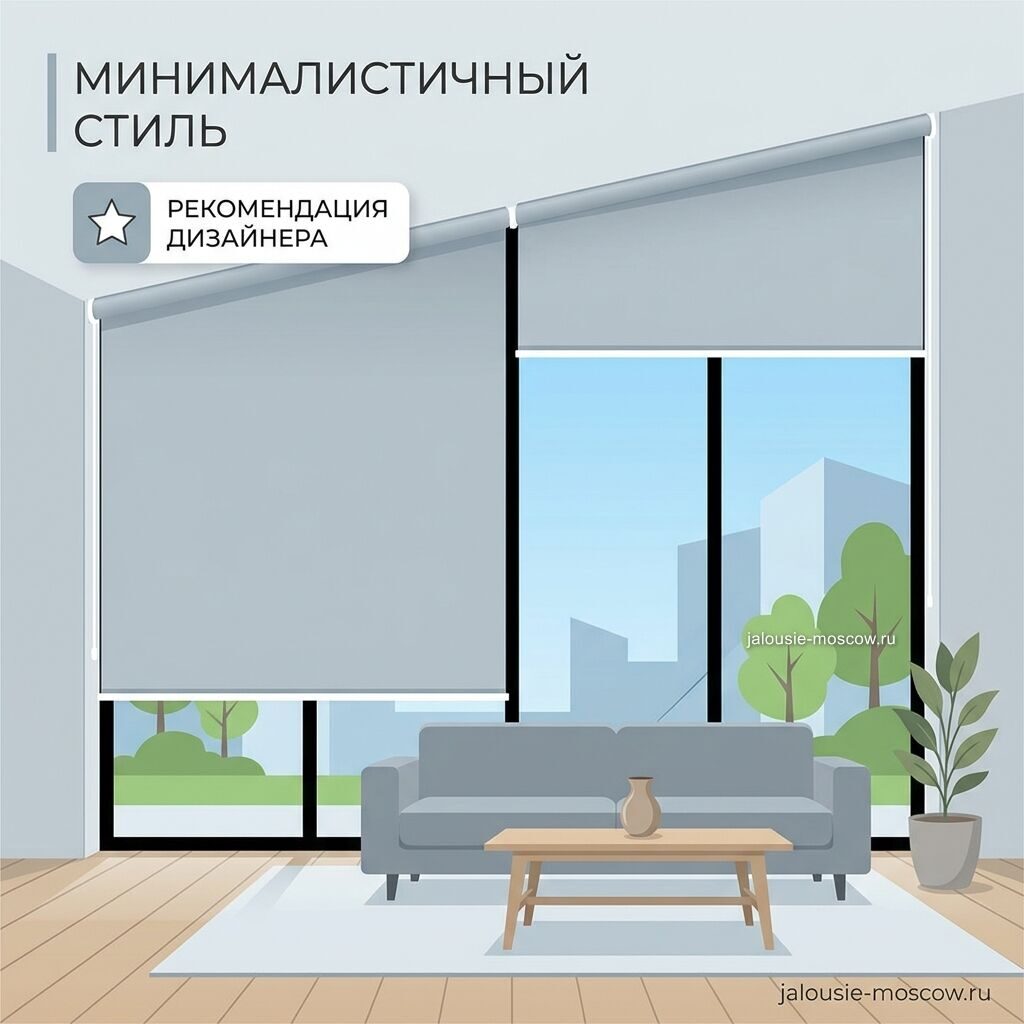 Однотонные рулонные шторы в гостиной