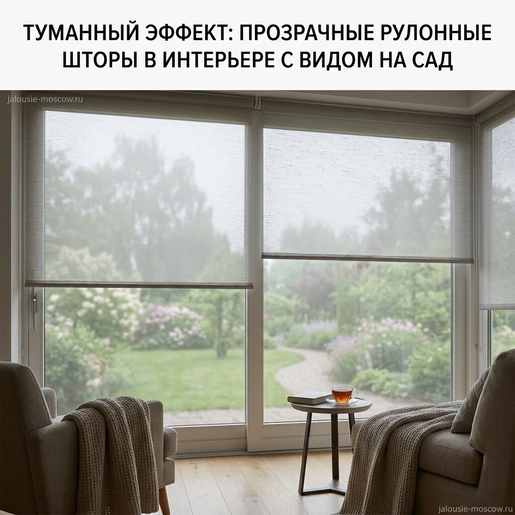 Полупрозрачные рулонные шторы в интерьере с видом на сад