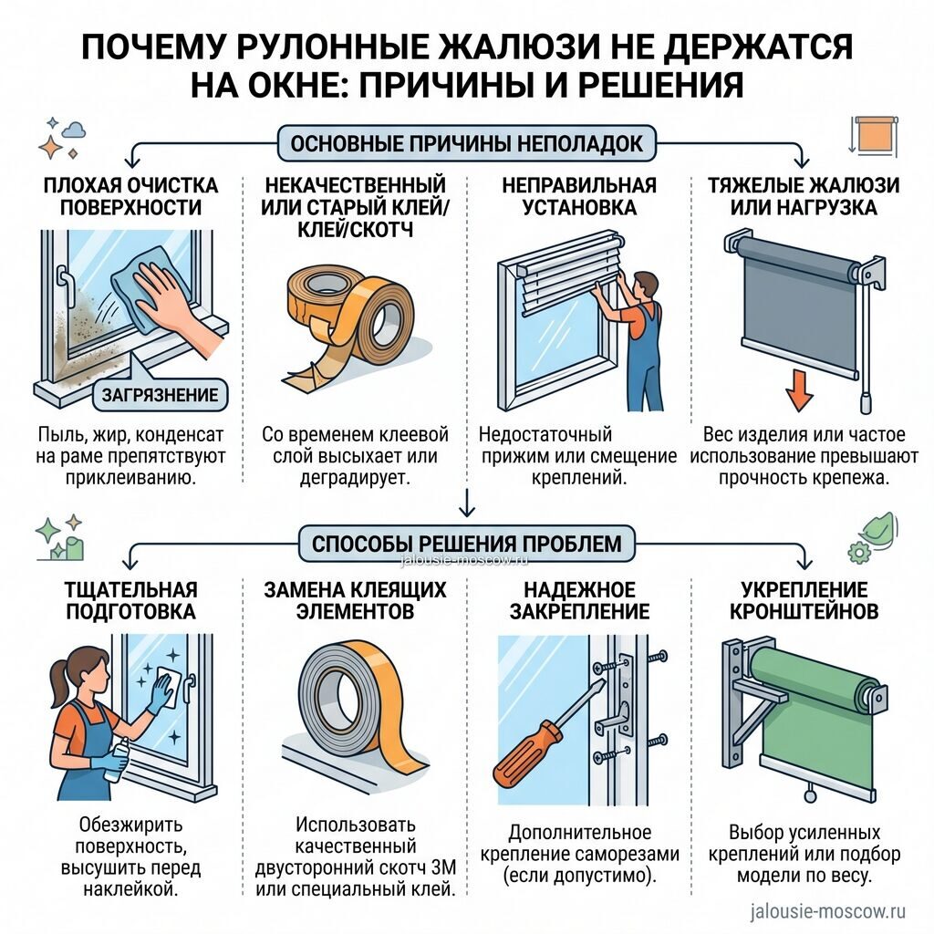 причины почему рулонные жалюзи не держатся на окне